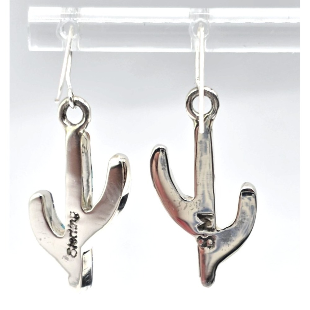 Multi-Gemstone Cacti Earrings Sterling Silver Inlays 0.94" Handmade Signed NEW - Picture 7 of 13